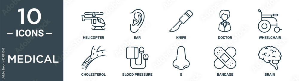 Obraz premium medical outline icon set includes thin line helicopter, ear, knife, doctor, wheelchair, cholesterol, blood pressure icons for report, presentation, diagram, web design