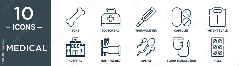Obraz premium medical outline icon set includes thin line bone, doctor bag, thermometer, capsules, weight scale, hospital, hospital bed icons for report, presentation, diagram, web design
