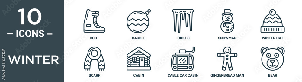 winter outline icon set includes thin line boot, bauble, icicles, snowman, winter hat, scarf, cabin icons for report, presentation, diagram, web design winter outline icon set includes thin line boot, bauble, icicles, snowman, winter hat, scarf, cabin icons for report, presentation, diagram, web design