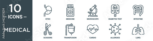 medical outline icon set includes thin line stoh, medicine, microscope, diabetes test, intestine, scissors, transfusion icons for report, presentation, diagram, web design