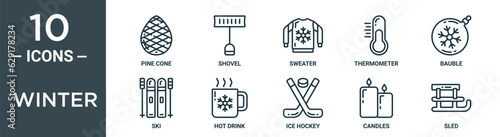 winter outline icon set includes thin line pine cone, shovel, sweater, thermometer, bauble, ski, hot drink icons for report, presentation, diagram, web design