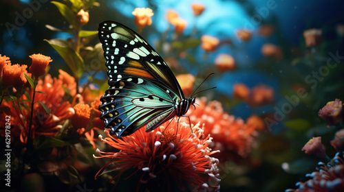 Butterfly Feeding on Nectar: Description: The picture captures a butterfly sipping nectar from a tropical flower using its long proboscis. © siripimon2525