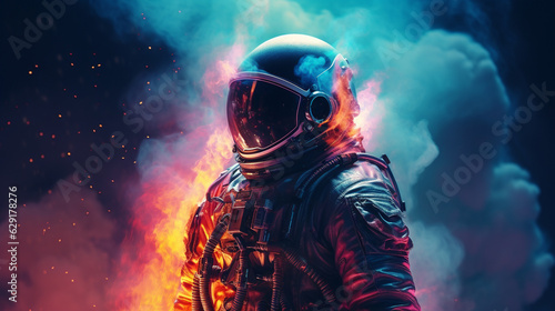 Space Voyager: Close-Up of Astronaut amidst Neon Rocket Plume