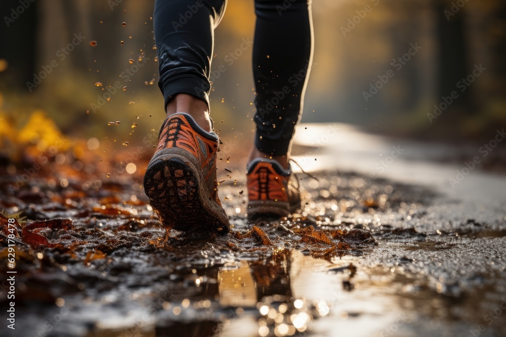 feet of a young woman running through the countryside on an autumn day