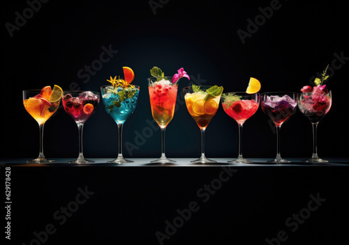 Vibrant Libations: Array of Colorful Cocktails with Garnish and Ice, Light Red and Light Blue Hues. Generative AI.