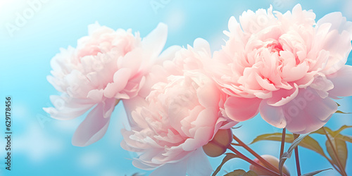 Blooming pink peony on gentle blue background natural flowery background with copy space, Blooming fluffy pink peony flower big bud mock up on elegant minimal pastel blue background 