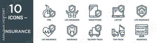 insurance outline icon set includes thin line fire, life insurance, smartphone, laptop, life insurance, life icons for report, presentation, diagram, web design