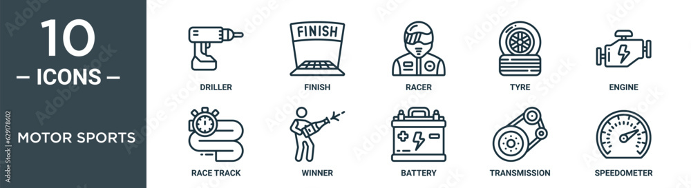 motor sports outline icon set includes thin line driller, finish, racer, tyre, engine, race track, winner icons for report, presentation, diagram, web design motor sports outline icon set includes thin line driller, finish, racer, tyre, engine, race track, winner icons for report, presentation, diagram, web design