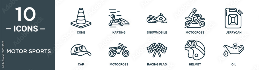 motor sports outline icon set includes thin line cone, karting, snowmobile, motocross, jerrycan, cap, motocross icons for report, presentation, diagram, web design motor sports outline icon set includes thin line cone, karting, snowmobile, motocross, jerrycan, cap, motocross icons for report, presentation, diagram, web design