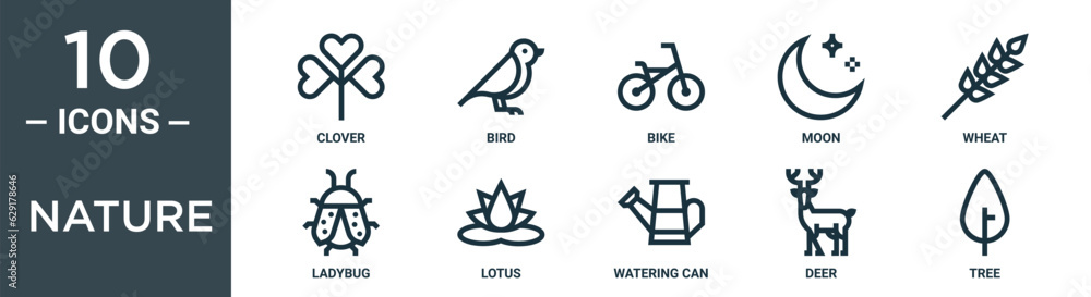 nature outline icon set includes thin line clover, bird, bike, moon, wheat, ladybug, lotus icons for report, presentation, diagram, web design