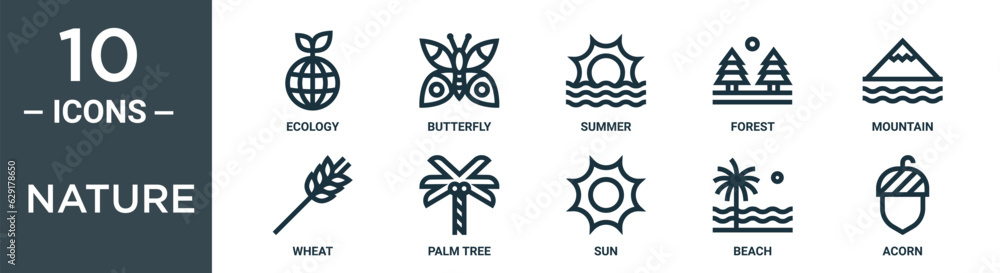 nature outline icon set includes thin line ecology, butterfly, summer, forest, mountain, wheat, palm tree icons for report, presentation, diagram, web design