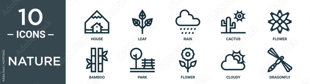 nature outline icon set includes thin line house, leaf, rain, cactus, flower, bamboo, park icons for report, presentation, diagram, web design nature outline icon set includes thin line house, leaf, rain, cactus, flower, bamboo, park icons for report, presentation, diagram, web design
