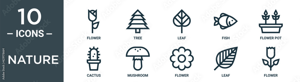 nature outline icon set includes thin line flower, tree, leaf, fish, flower pot, cactus, mushroom icons for report, presentation, diagram, web design nature outline icon set includes thin line flower, tree, leaf, fish, flower pot, cactus, mushroom icons for report, presentation, diagram, web design