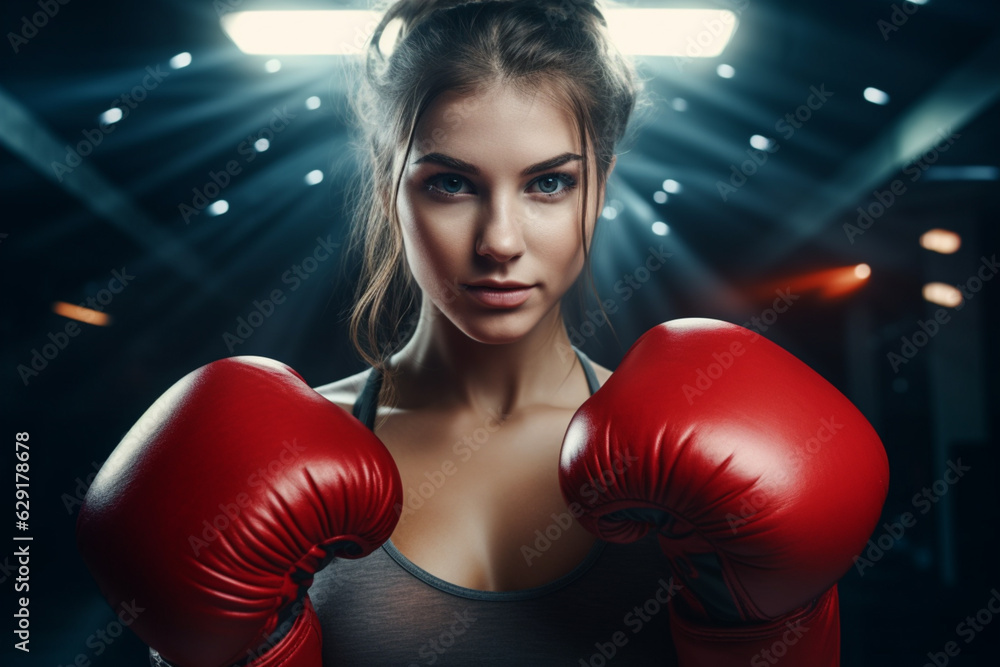 Young woman with red boxing gloves, stress relief concept