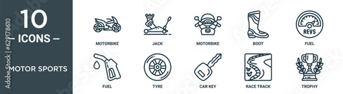 motor sports outline icon set includes thin line motorbike, jack, motorbike, boot, fuel, fuel, tyre icons for report, presentation, diagram, web design