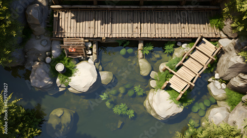 Top-down view, quiet Japanese pond, wooden bridge, rocks, plants, bamboo, Generative AI