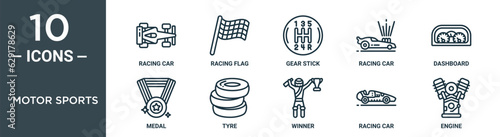 motor sports outline icon set includes thin line racing car, racing flag, gear stick, racing car, dashboard, medal, tyre icons for report, presentation, diagram, web design