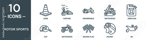 motor sports outline icon set includes thin line cone, karting, snowmobile, motocross, jerrycan, cap, motocross icons for report, presentation, diagram, web design