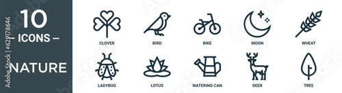 nature outline icon set includes thin line clover, bird, bike, moon, wheat, ladybug, lotus icons for report, presentation, diagram, web design