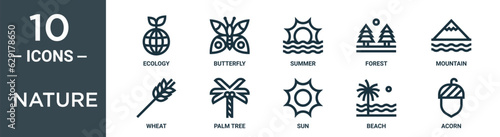 nature outline icon set includes thin line ecology, butterfly, summer, forest, mountain, wheat, palm tree icons for report, presentation, diagram, web design