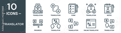translator outline icon set includes thin line translation, translation, form, translation, notes, progress, translator icons for report, presentation, diagram, web design