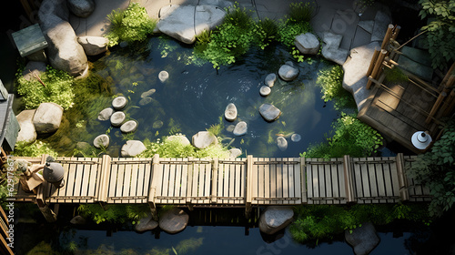 Top-down view, quiet Japanese pond, wooden bridge, rocks, plants, bamboo, Generative AI