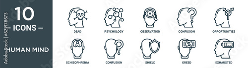 human mind outline icon set includes thin line dead, psychology, observation, confusion, opportunities, schizophrenia, confusion icons for report, presentation, diagram, web design