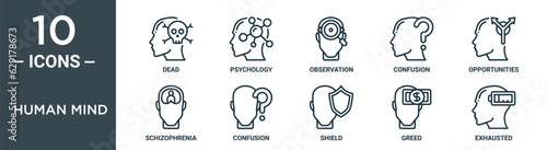 human mind outline icon set includes thin line dead, psychology, observation, confusion, opportunities, schizophrenia, confusion icons for report, presentation, diagram, web design