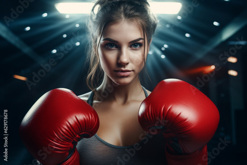 Young woman with red boxing gloves, stress relief concept © Generative ART