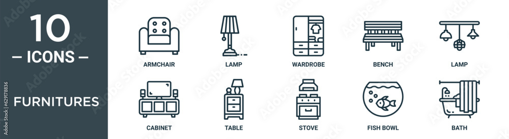 furnitures outline icon set includes thin line armchair, lamp, wardrobe, bench, lamp, cabinet, table icons for report, presentation, diagram, web design furnitures outline icon set includes thin line armchair, lamp, wardrobe, bench, lamp, cabinet, table icons for report, presentation, diagram, web design