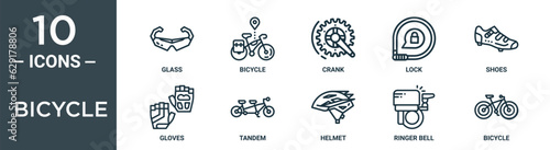 bicycle outline icon set includes thin line glass, bicycle, crank, lock, shoes, gloves, tandem icons for report, presentation, diagram, web design