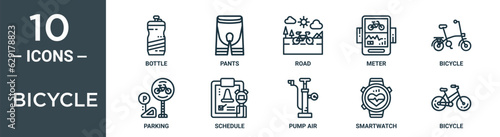 bicycle outline icon set includes thin line bottle, pants, road, meter, bicycle, parking, schedule icons for report, presentation, diagram, web design