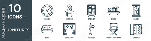furnitures outline icon set includes thin line clock, mirror, cabinet, shelf, clock, sofa, curtains icons for report, presentation, diagram, web design