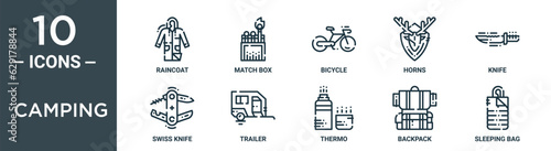 camping outline icon set includes thin line raincoat, match box, bicycle, horns, knife, swiss knife, trailer icons for report, presentation, diagram, web design