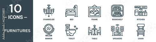 furnitures outline icon set includes thin line chandelier, bed, frame, bookshelf, kitchen, mirror, toilet icons for report, presentation, diagram, web design