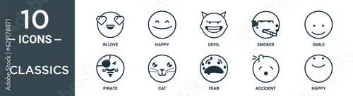 classics outline icon set includes thin line in love, happy, devil, smoker, smile, pirate, cat icons for report, presentation, diagram, web design