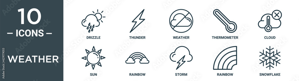 weather outline icon set includes thin line drizzle, thunder, weather, thermometer, cloud, sun, rainbow icons for report, presentation, diagram, web design weather outline icon set includes thin line drizzle, thunder, weather, thermometer, cloud, sun, rainbow icons for report, presentation, diagram, web design