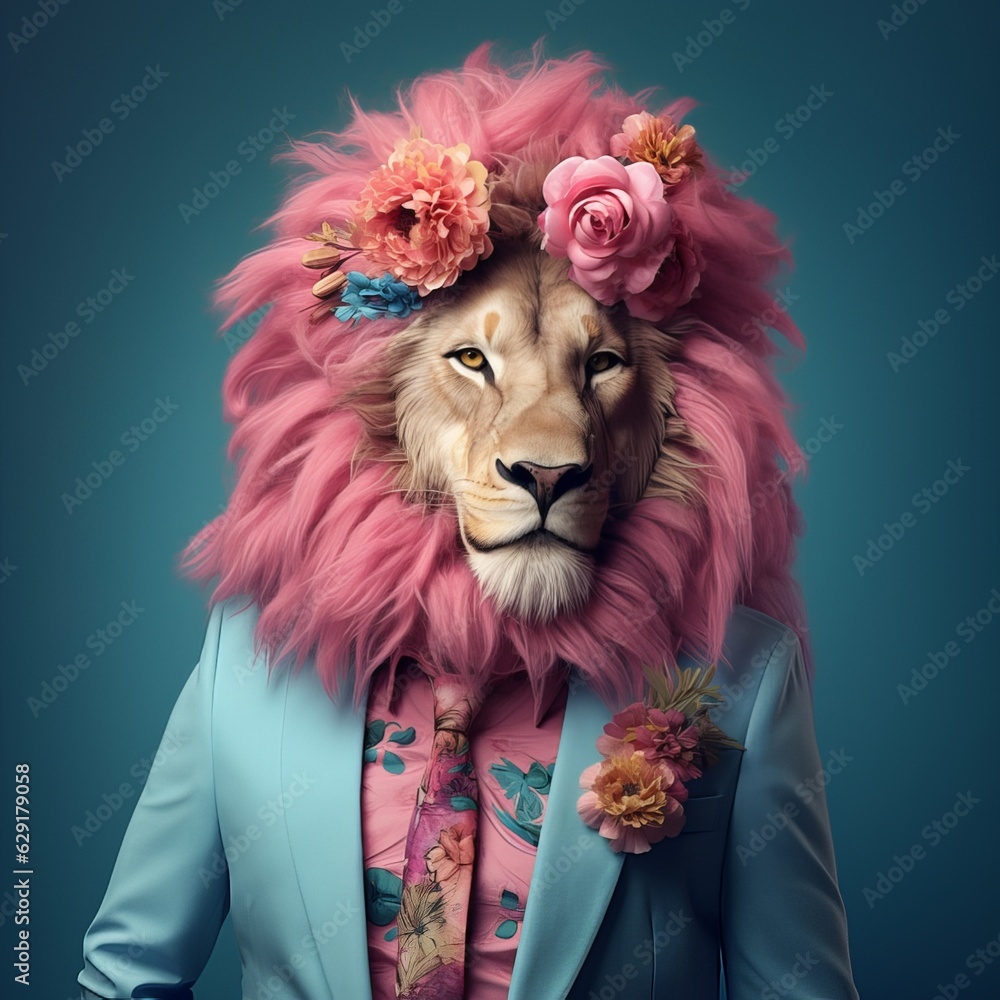 A pastel pink animal king in a blue flower suit. Lion standing and posing, abstract wild animal portrait. Big pink hairdo. Illustration. Generative AI.