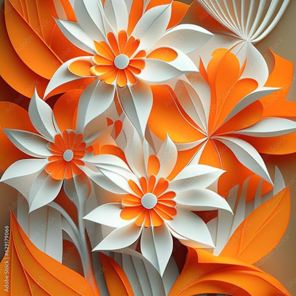 White and orange flowers with stems and leaves. White and orange flowers with stems and leaves.