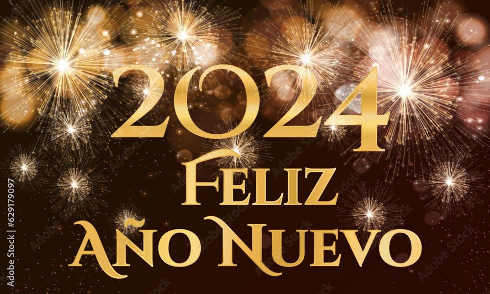 tarjeta o pancarta para desear un feliz año nuevo 2024 en oro sobre un fondo marrón con fuegos artificiales de color dorado en efecto bokeh