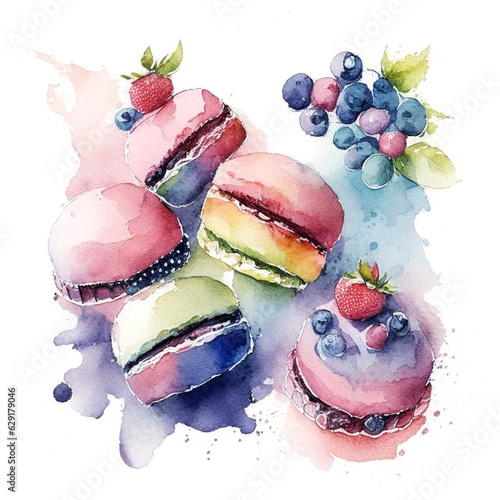 Cakes macaron or macaroon stack on white background, colorful vibrant almond cookies with berries, bright colors.
