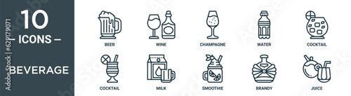 beverage outline icon set includes thin line beer, wine, champagne, water, cocktail, cocktail, milk icons for report, presentation, diagram, web design