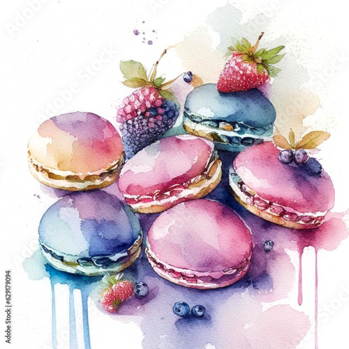 Cakes macaron or macaroon stack on white background, colorful vibrant almond cookies with berries, bright colors.