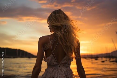 attractive young woman at a sunset on the beach after surfing  © jechm