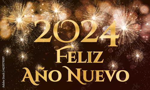 tarjeta o pancarta para desear un feliz año nuevo 2024 en oro sobre un fondo marrón con fuegos artificiales de color dorado en efecto bokeh