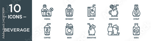 beverage outline icon set includes thin line vodka, whiskey, juice, smoothie, syrup, coffee, beer icons for report, presentation, diagram, web design