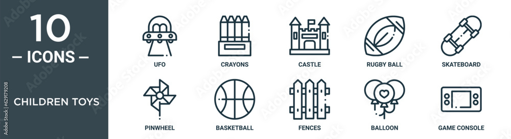 children toys outline icon set includes thin line ufo, crayons, castle, rugby ball, skateboard, pinwheel, basketball icons for report, presentation, diagram, web design children toys outline icon set includes thin line ufo, crayons, castle, rugby ball, skateboard, pinwheel, basketball icons for report, presentation, diagram, web design