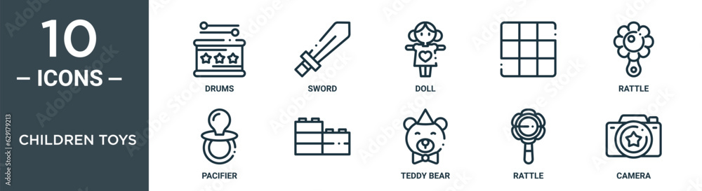 children toys outline icon set includes thin line drums, sword, doll, , rattle, pacifier, icons for report, presentation, diagram, web children toys outline icon set includes thin line drums, sword, doll, , rattle, pacifier, icons for report, presentation, diagram, web