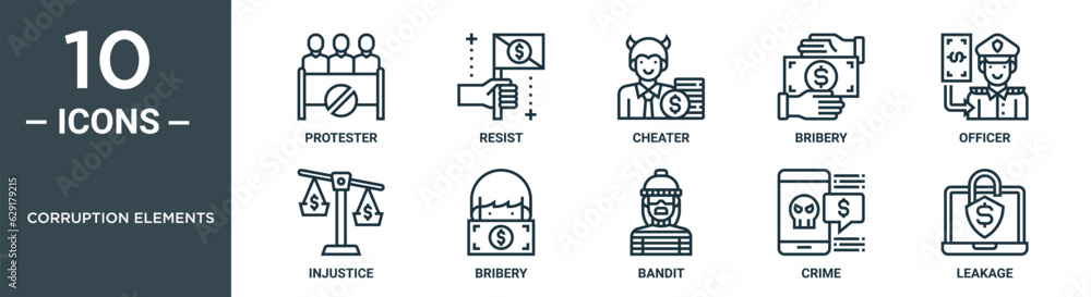 corruption elements outline icon set includes thin line protester, resist, cheater, bribery, officer, injustice, bribery icons for report, presentation, diagram, web design corruption elements outline icon set includes thin line protester, resist, cheater, bribery, officer, injustice, bribery icons for report, presentation, diagram, web design
