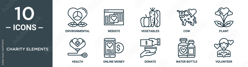 charity elements outline icon set includes thin line environmental, website, vegetables, cow, plant, health, online money icons for report, presentation, diagram, web design charity elements outline icon set includes thin line environmental, website, vegetables, cow, plant, health, online money icons for report, presentation, diagram, web design